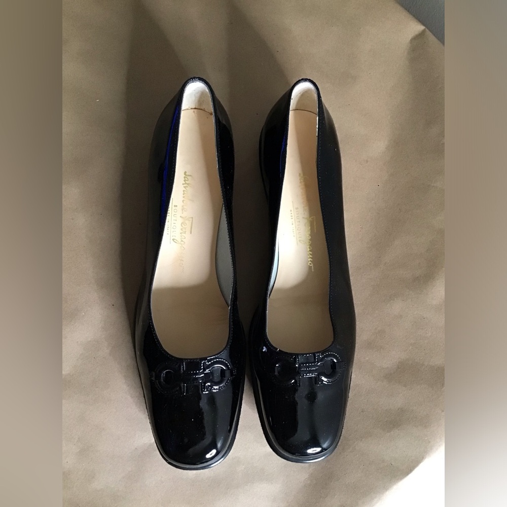 Salvatore Ferragamo Black Patent Leather "My Joy" Crepe Sole Flats